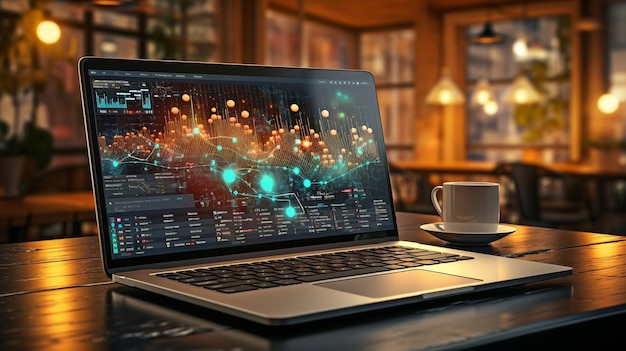 using a laptop to access analytics and business graph data trend analysis and the idea of the coding process for software development concept banner code and programming