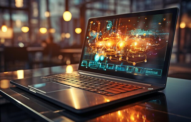 using a laptop to access analytics and business graph data trend analysis and the idea of the coding process for software development concept banner code and programming