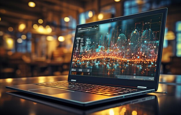 using a laptop to access analytics and business graph data trend analysis and the idea of the coding process for software development concept banner code and programming