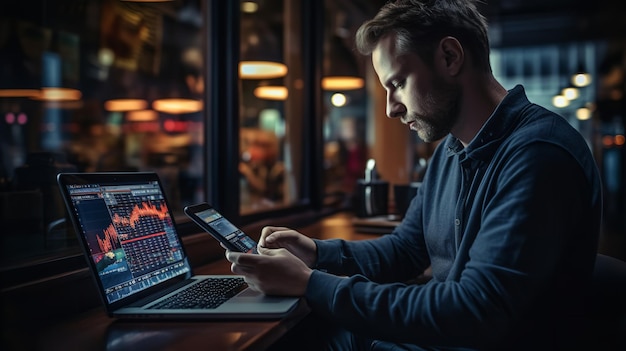 Using a laptop and phone to check trading Generative Ai