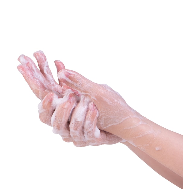 Using liquid soap to washing hand isolated on white.