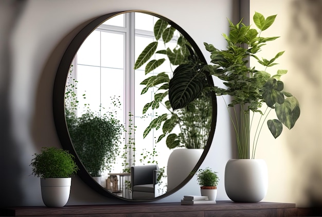 Using a mirror and a potted plant as interior dcor