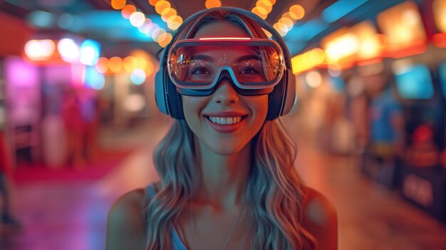 Using mixedcolor neon lights at home an adult female game streamer on social media wears virtual reality glasses to have fun