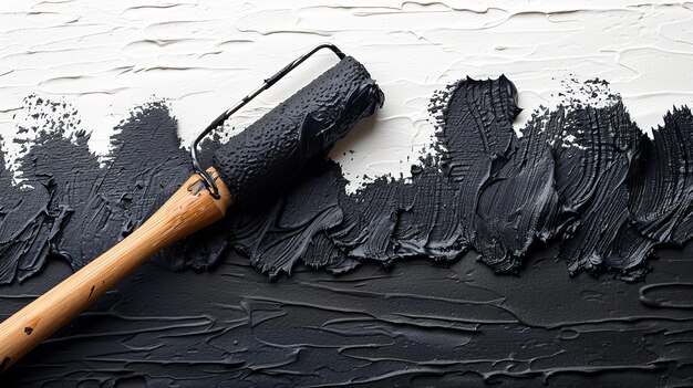 Foto utilizzare un rullo di vernice per dipingere parzialmente la parete bianca in nero