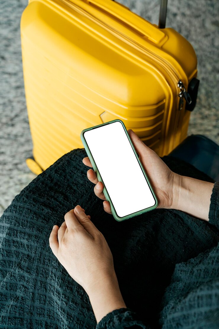 Using phone in travelling Blank screen smartphone at the airport before the flight Application for travel banking concept