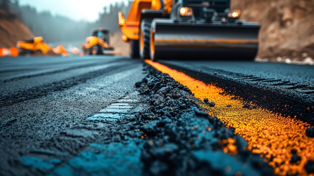 Photo using road construction resources a worker is installing new asphalt road surface with space generative ai