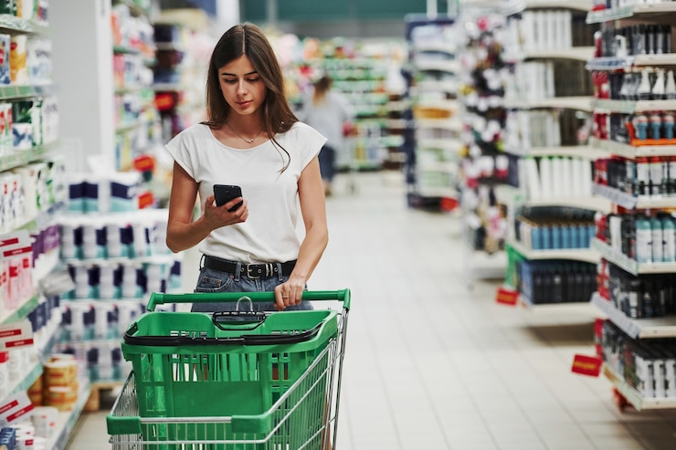 Photo using smartphone. female shopper in casual clothes in market looking for products.