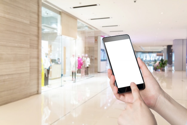 Using smartphone in a market or department store, closeup