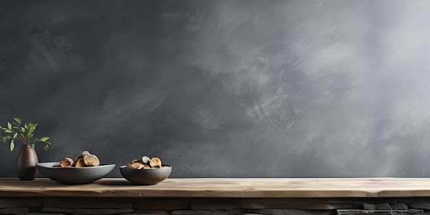 Photo using a stone table and grey wall as a background for displaying products