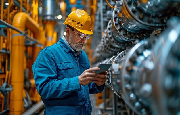 Using a tablet a senior architect visits a construction site