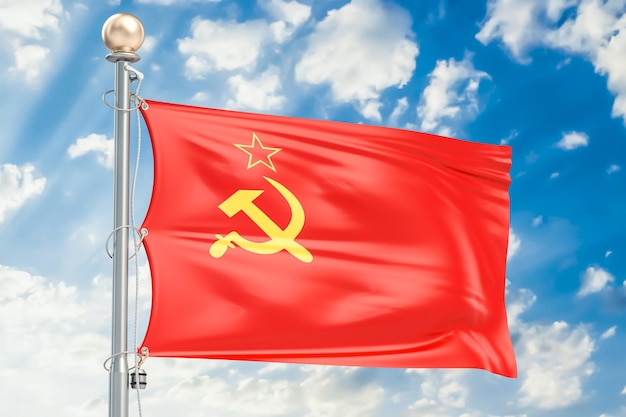 Photo ussr flag waving in blue cloudy sky 3d rendering