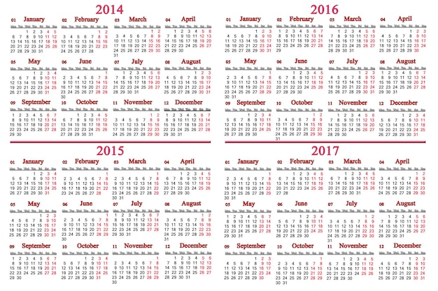 Foto calendario d'ufficio abituale per gli anni 2014 2017 su sfondo bianco