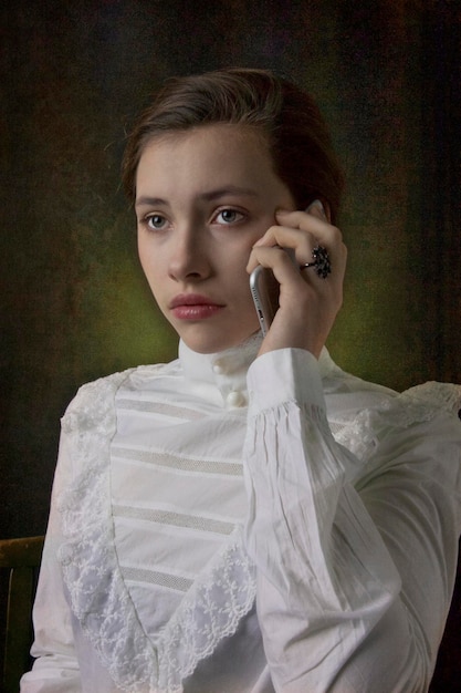 Ute girl talking on mobile phone standing against wall