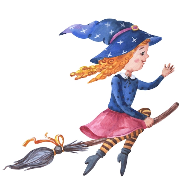 Ute heks vliegt op een bezem Meisje met krullend rood haar en een blauwe hoed met sterren