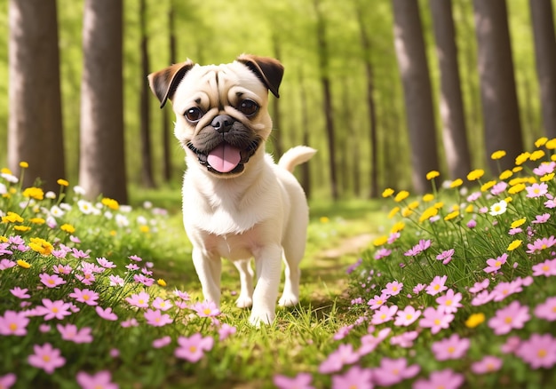 Ute pug hond die in het bloemenveld staat en naar de camera kijkt