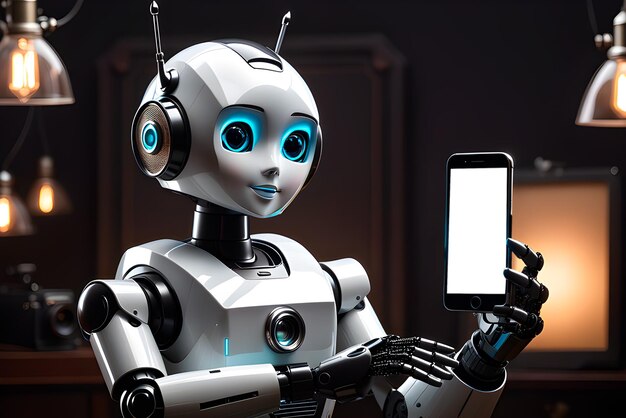 Ute realistic robot holds a phone in his hands and shows it to the viewer