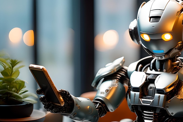 Photo ute realistic robot holds a phone in his hands and shows it to the viewer