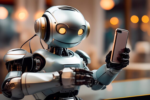Уте реалистичный робот держит телефон в руках и показывает его зрителю