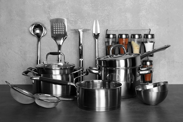 Utensils for cooking classes on table in kitchen