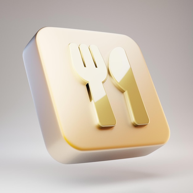 Utensils icon. Golden Utensils symbol on matte gold plate. 3D rendered Social Media Icon.
