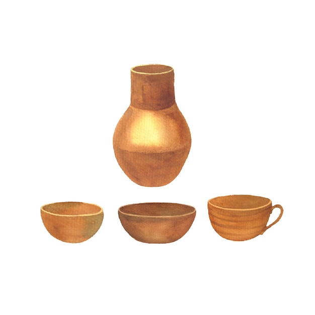 Utensils molded by hands on a red clay potter's wheel hand drawn watercolor illustration isolated picture for illustration of household utensils jug cup bowl