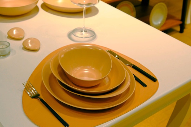 utensils, plates standing on the shelf in the store