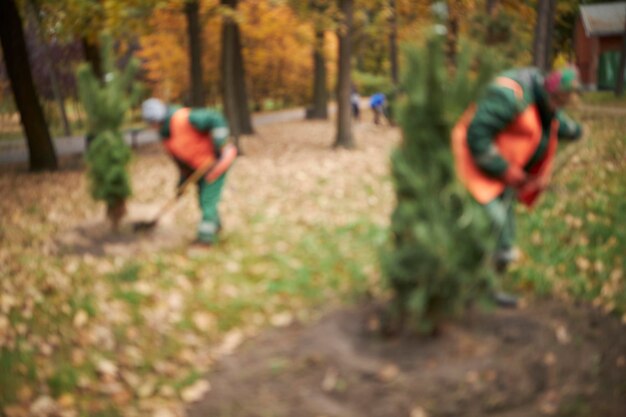 utility workers cleaning up leaves and debris in the park blurry image