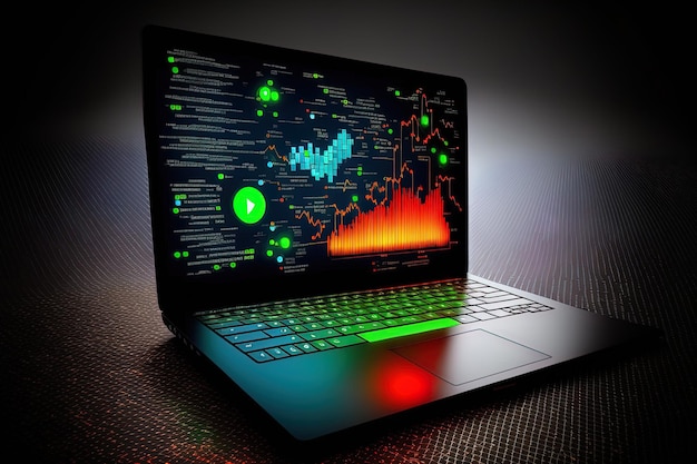 Utilizing a laptop with a glowing chart interface the hacker