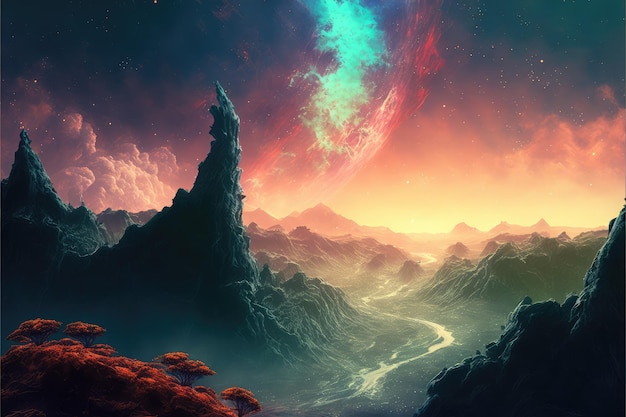 Utopian dreamland landscape with sky of colorful nebula