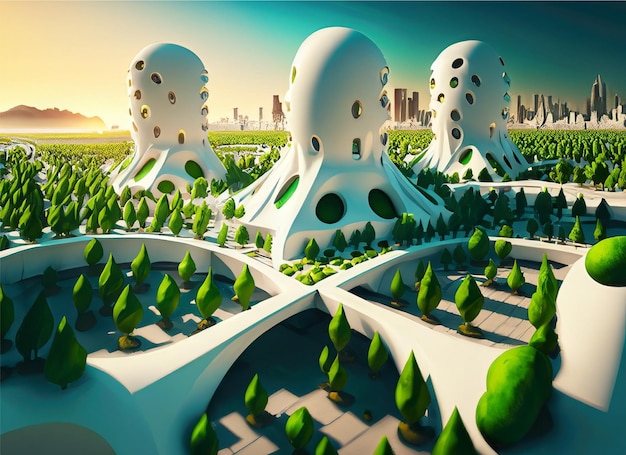 Utopian future city landscape