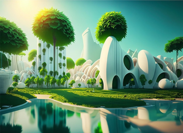 Utopian future city landscape