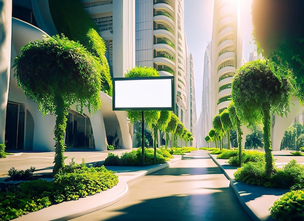 Utopian future city with bilboard side the road