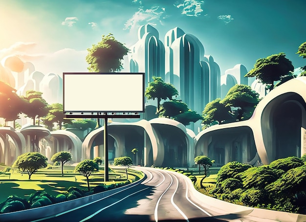Utopian future city with white bilboard
