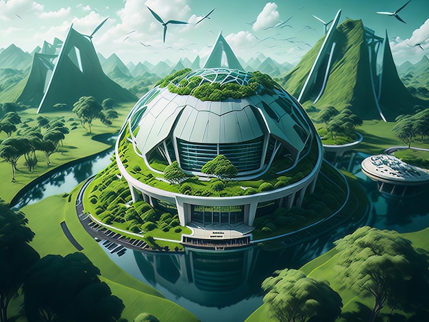 A utopian future where renewable energy sources power a sustainable world with lush green landscapes