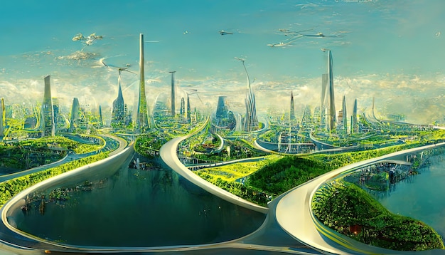 Utopische beschaving utopische stad toekomst van de mensheid architectuur van morgen utopische wereld