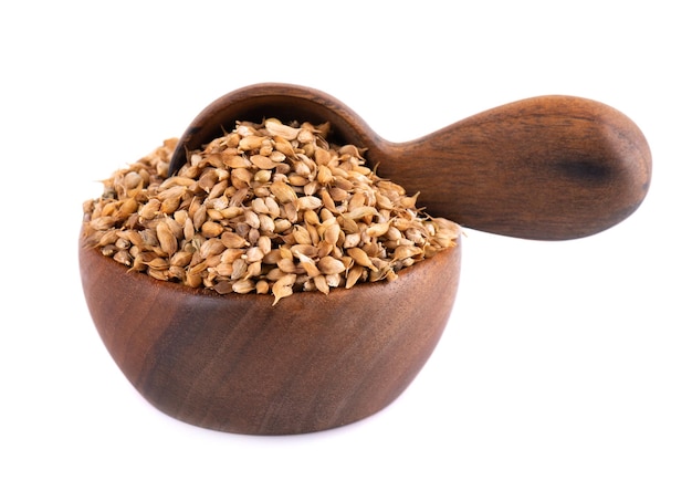 Utsho suneli seeds in wooden bowl and spoon isolated on white background Trigonella caerulea or blue fenugreek