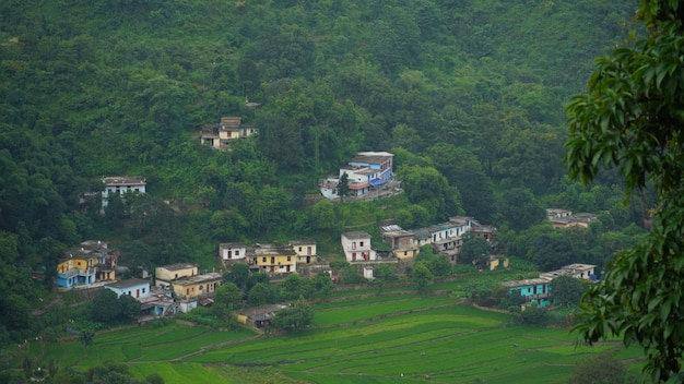 Uttarakhand houses in green hills outdoor shoot hd