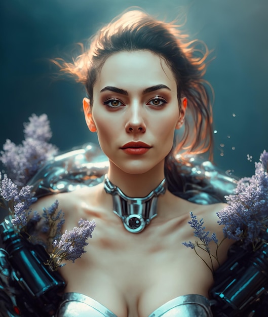 水中の美しいシリコーン胸を持つセクシーなサイボーグ少女のユーリスティックな肖像画