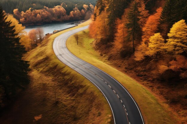 Photo uturn car driving on asphalt road in autumn forest road trip in fall season