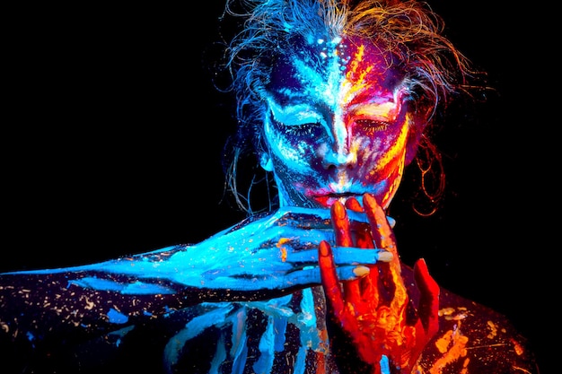 UV halloween body art mix ice an fire hot cold  glowing portrait