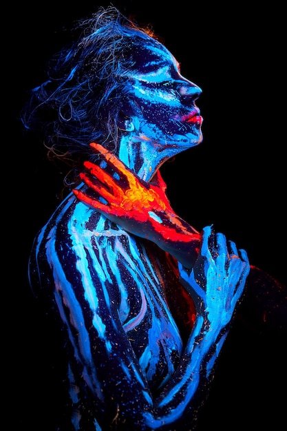 UV halloween body art mix ice an fire hot cold  glowing portrait