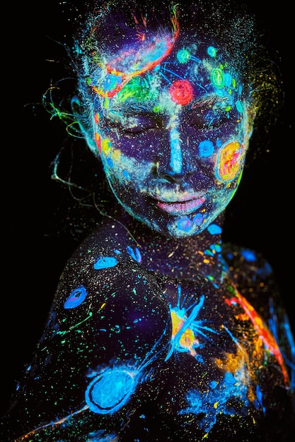 UV painting of a universe on a female body portrait