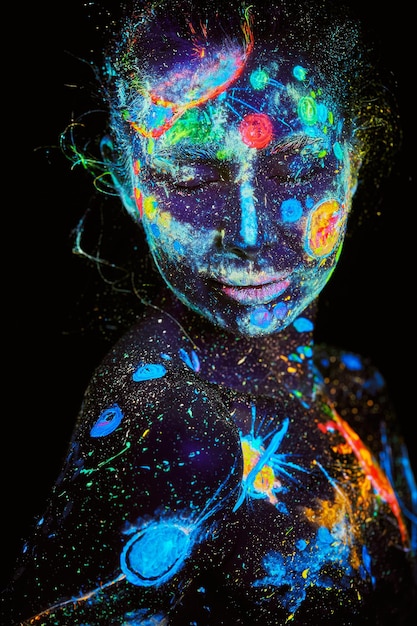UV-schilderij van een universum op een vrouwelijk lichaamsportret
