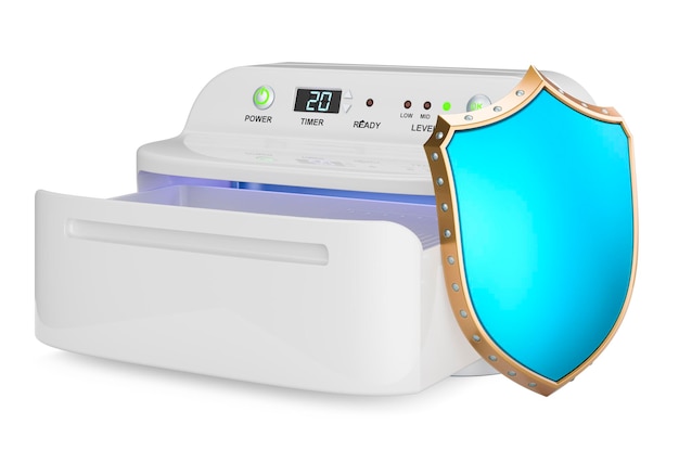 UV-sterilisator-desinfectiebox met schild 3D-rendering