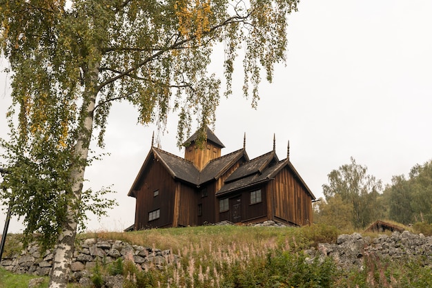 Фото Деревянная церковь увдаль историческая деревянная церковь в нор и увдал, норвегия