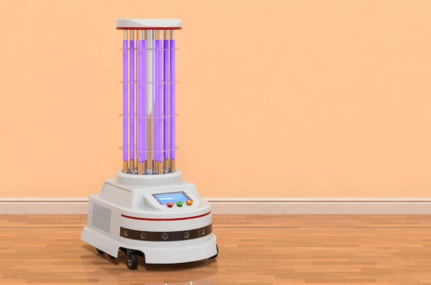 Foto robot di disinfezione uv nella stanza vicino al rendering 3d della parete