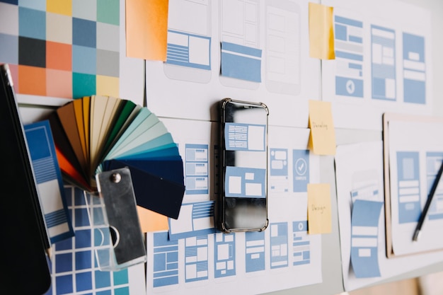 Ux Grafisch ontwerper creatieve schets planning applicatieproces ontwikkeling prototype wireframe voor web mobiele telefoon Gebruikerservaring concept