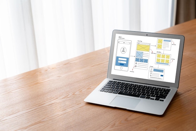 Photo ux ui design process for modish mobile application and website creative prototype of wireframe for professional app developer