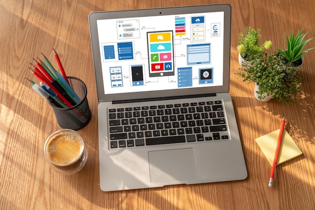 UX UI design process for modish mobile application and website Creative prototype of wireframe for professional app developer
