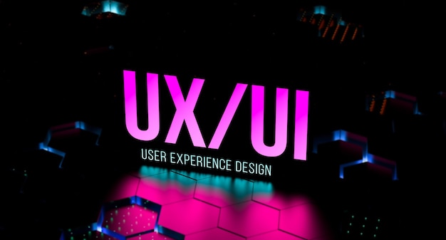 UX UI USER EXPERIENCE DESIGN неоновый текст размытие баннера UX UI концепция 3D рендеринг